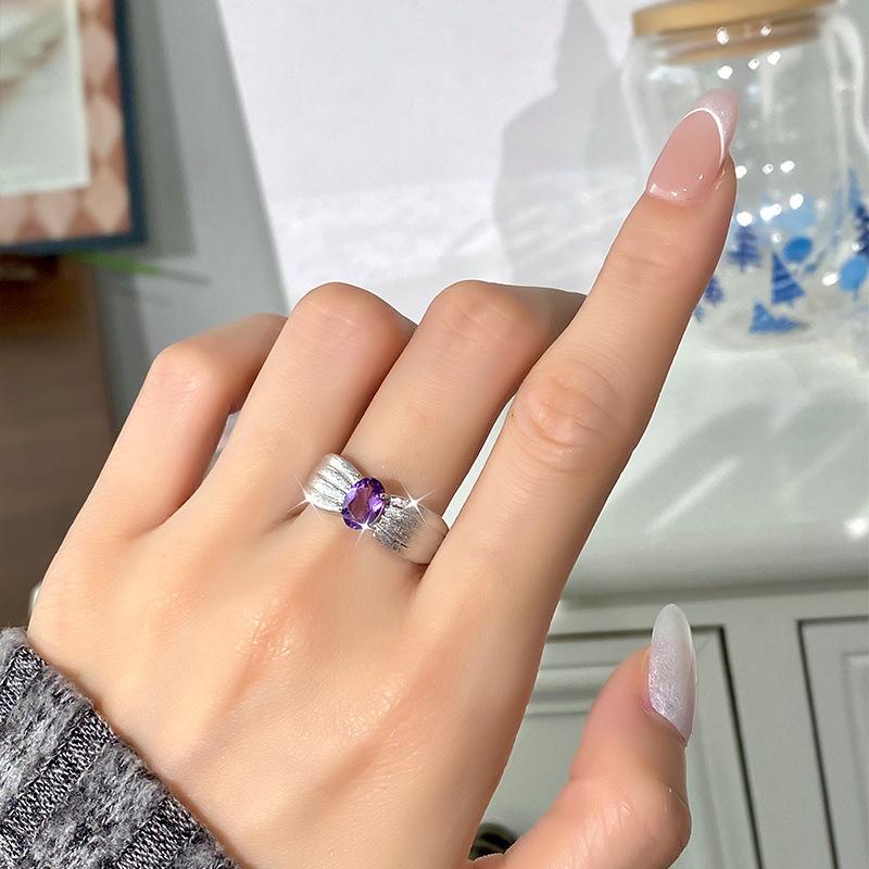 High-end Inlaid Natural Crystal Stone Jewelry Women's French Wire Drawing Process S925 Sterling Silver Niche Light Luxury Ring Women