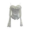 French Retro One-Shoulder Pearl Strap Lace Top with Chest Pads