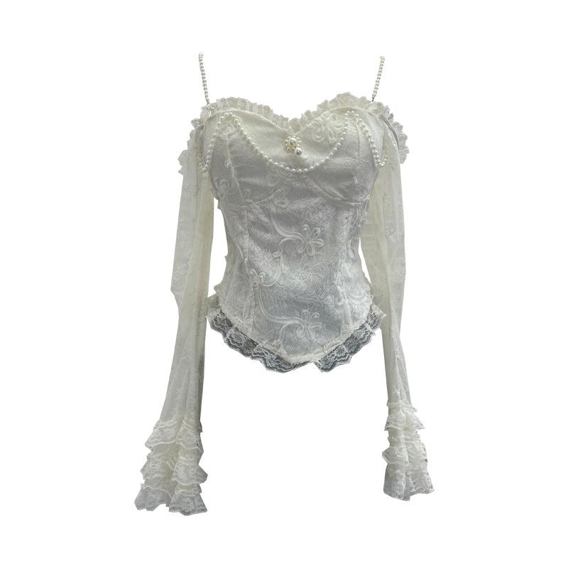 French Retro One-Shoulder Pearl Strap Lace Top with Chest Pads