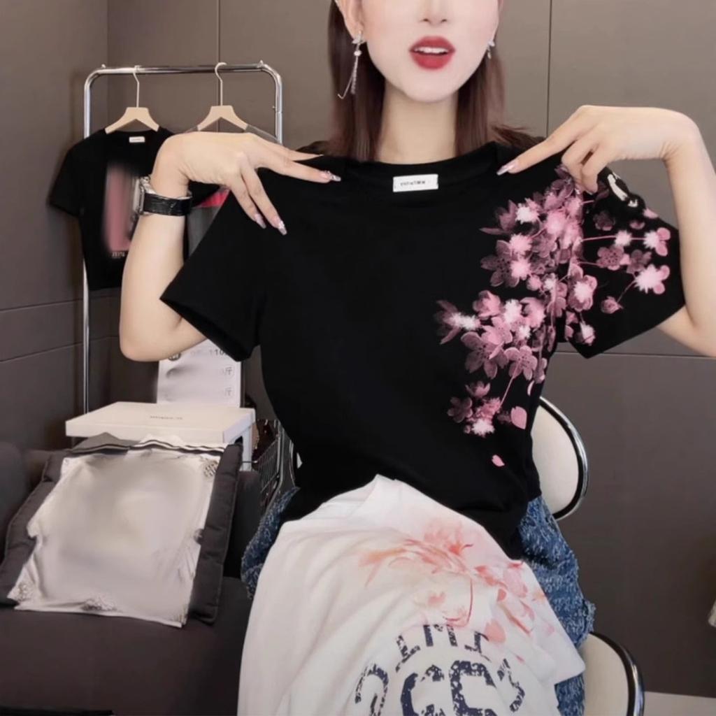 Large size foreign style printing round neck short-sleeved T-shirt women's summer slightly fat MM slim and thin fashion casual versatile top