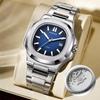 Jin Shidun Men's Luminous Quartz Skeleton Watch with Steel Band and Date Display.