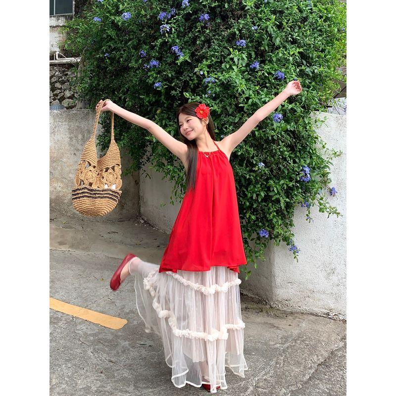 Kumikumi Gentle Sweet Girl Set Red Hanging Neck Cami Women Clothes Summer Mesh Skirt Two-piece Set