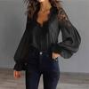 Women Shirt V-Neck Pleated Puff Long Sleeve Summer Shirt Embroidery Lace Splicing Loose Fit Shirt Tops Parties Travel Wear