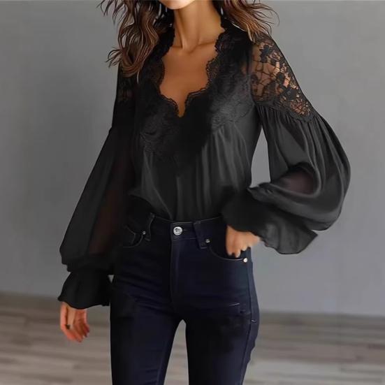 Women Shirt V-Neck Pleated Puff Long Sleeve Summer Shirt Embroidery Lace Splicing Loose Fit Shirt Tops Parties Travel Wear