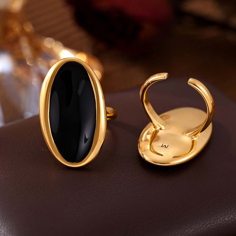 Stainless Steel Metal Oval Open Rings For Women Exaggerated Black Enamel Drip Oil Adjustable Finger Ring Waterproof Jewelry