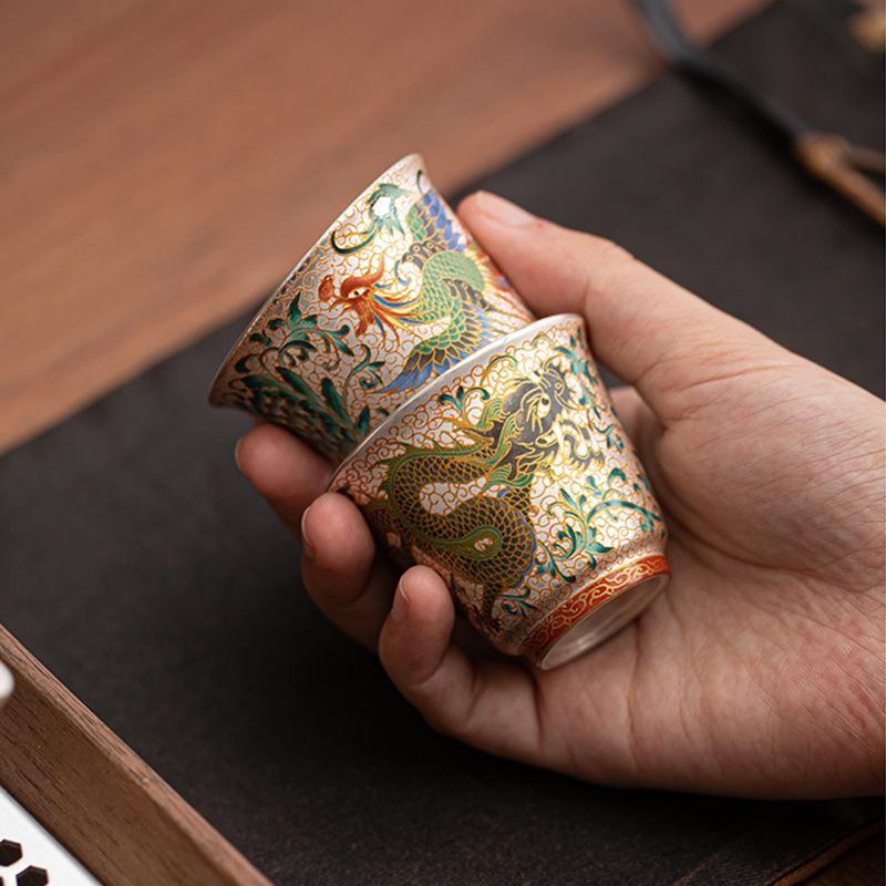 Ręcznie robiony ceramiczny czajnik do herbaty ze srebrem pozłacanym z motywem smoka i feniksa, filiżanki do herbaty, chiński zestaw do herbaty Kung Fu
