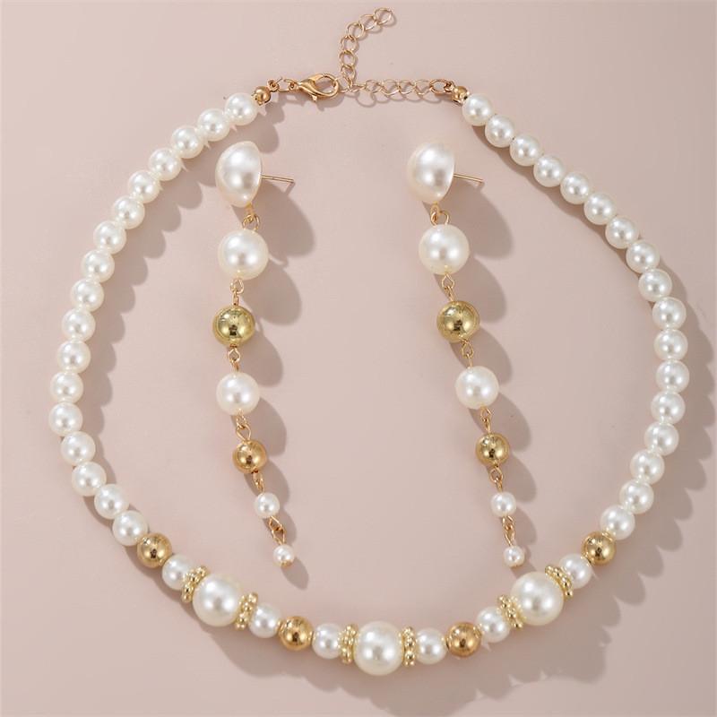 Pearl Necklace And Earring Set With Geometric Design For Fashion Women