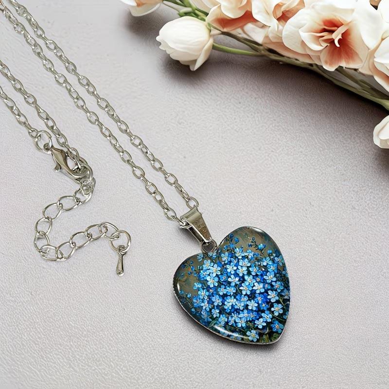 Forget-me-not Bouquet Heart Shape Necklace Glass Pendant Handmade Unisex Jewelry