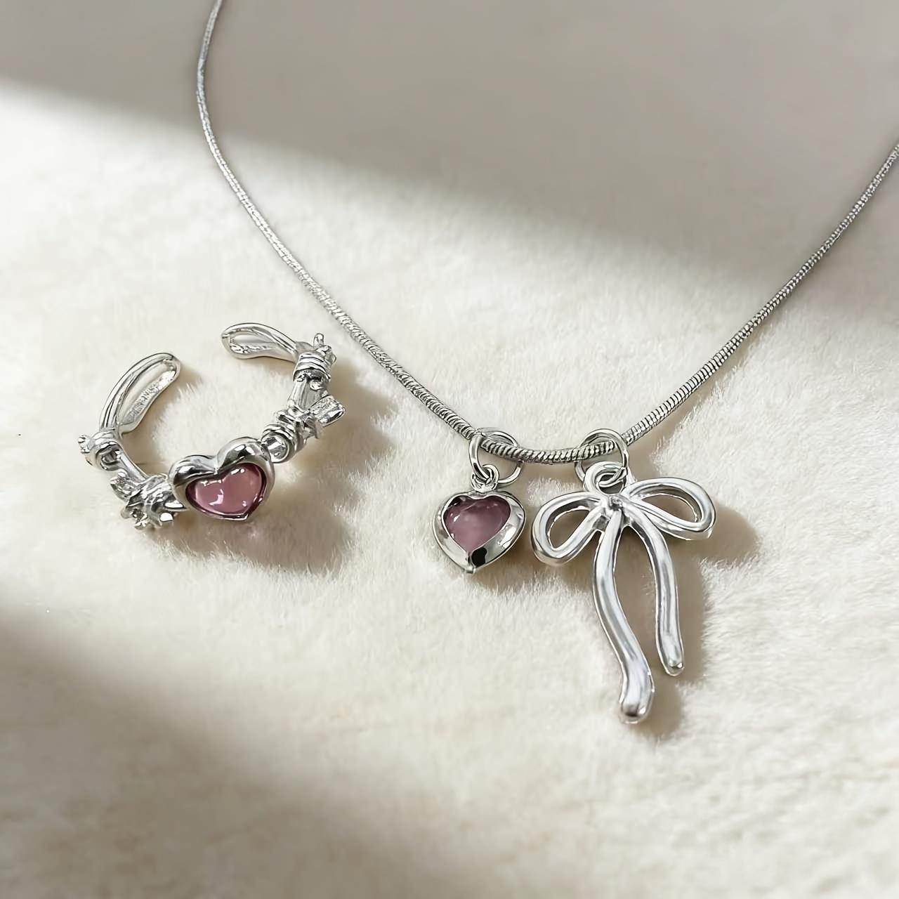 Stainless steel heart-shaped bow necklace and ring set, sweet and cool pink diamond heart open ring, versatile collarbone chain for girls two