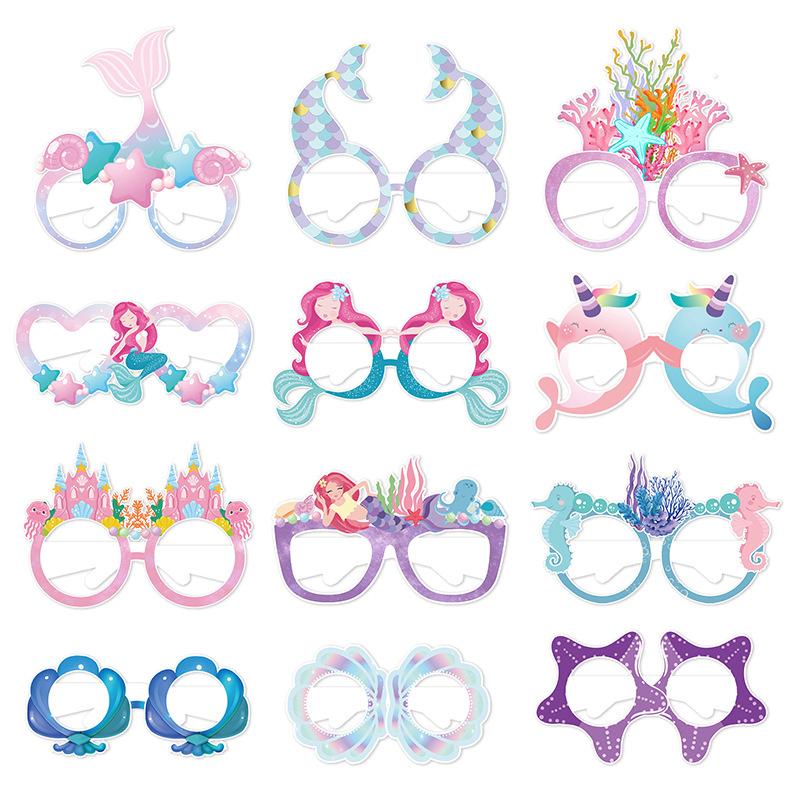 12Pcs Mermaid Party Paper Glasses Frame Cartoon Mermaid Glasses Children'S Birthday Party Gift Underwater Theme Party Supplies