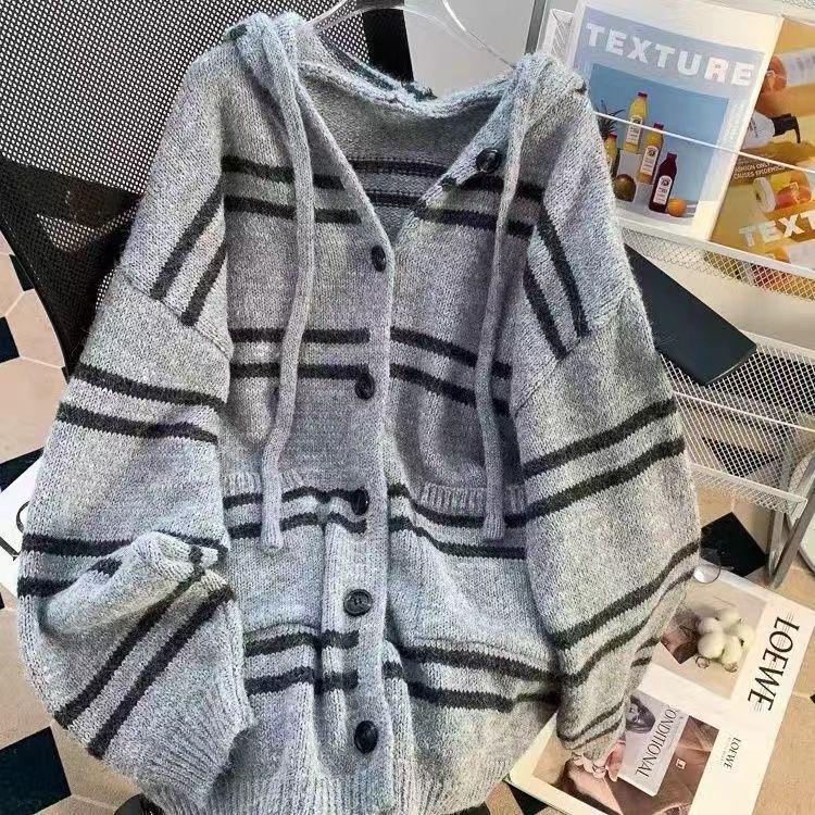 Korean Striped Hooded Cardigan Sweater for Women - 2025 Autumn/Winter