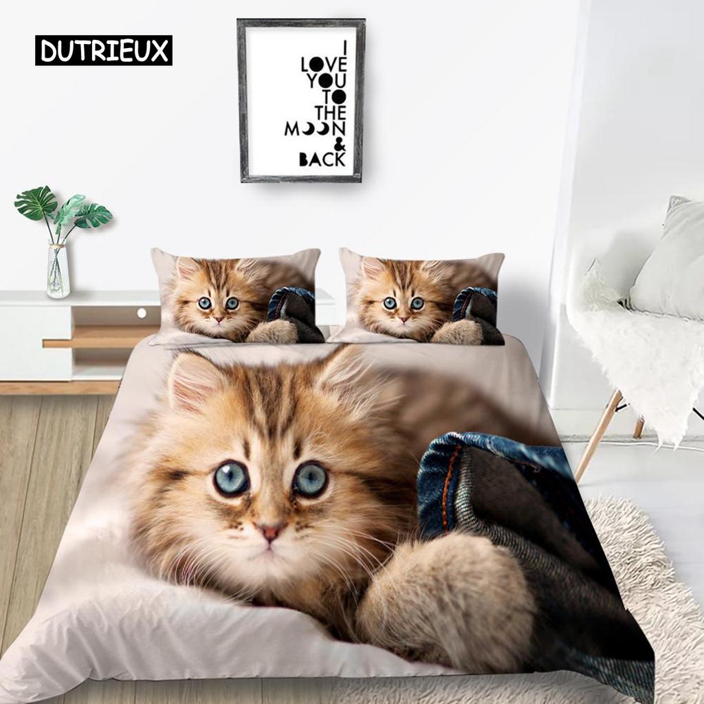 Cat Duvet Cover Set King Size Microfiber Cute Animal Print Girl Teen Kid Comforter Cover Lovely Kitty Series Pattern Bedding Set
