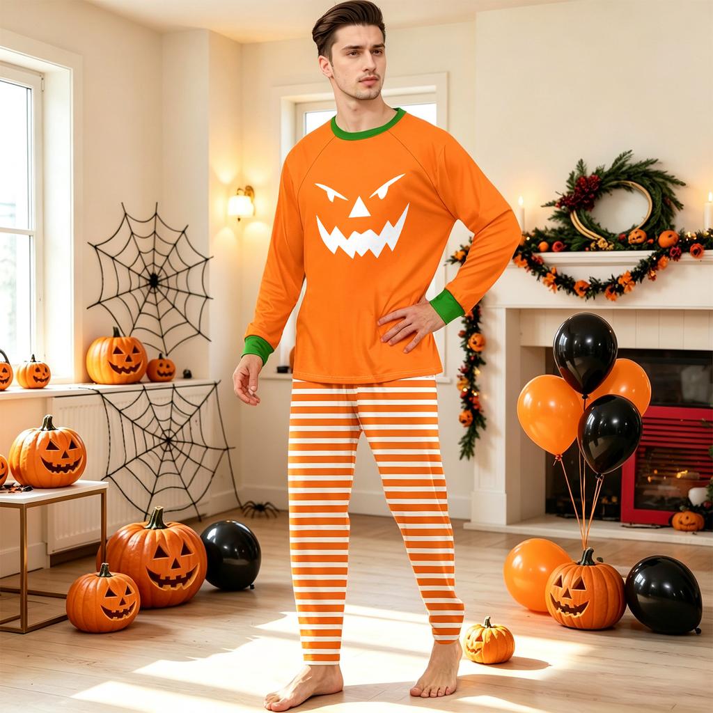 Family Matching Halloween Face Print Long Sleeve Pajama Set with Raglan Sleeves and Straight Leg Pants