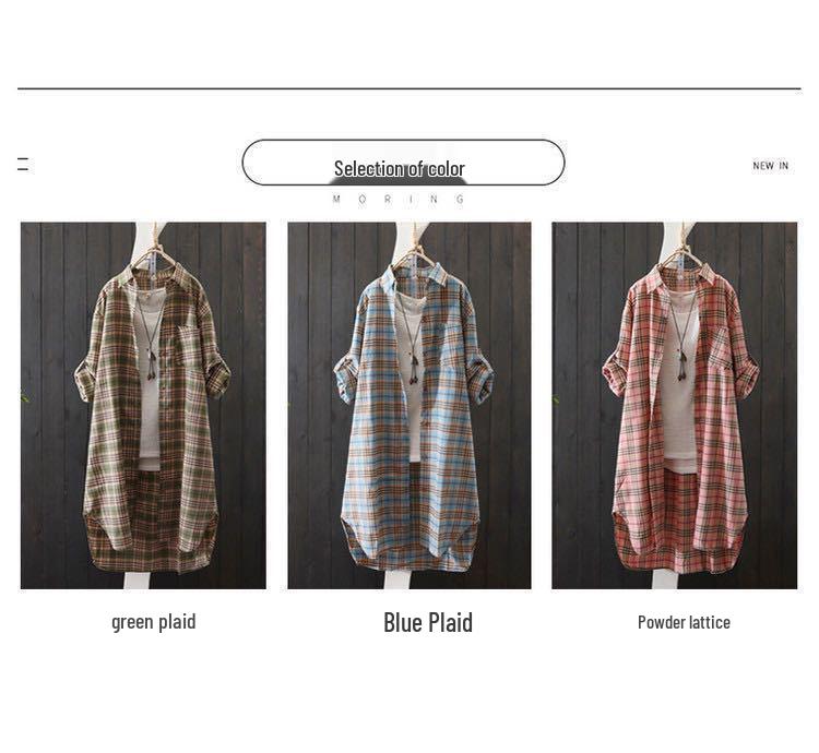 2024 Plus Size Women's Plaid Shirt: Spring Summer Korean-Style Temperament, Loose Cotton Linen Thin Jacket, Hong Kong Style