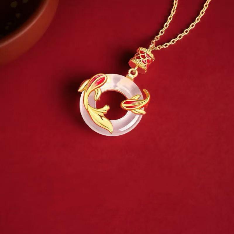 Luxury Koi Fish Peace Buckle Double Fish Pendant Imitation Agate Clavicle Necklace For Women