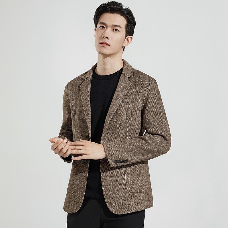 

Весна и осень, мужской простой короткий шерстяной двусторонний односторонний пиджак в стиле вестерн с узором «елочка» для молодых мужчин 3XL