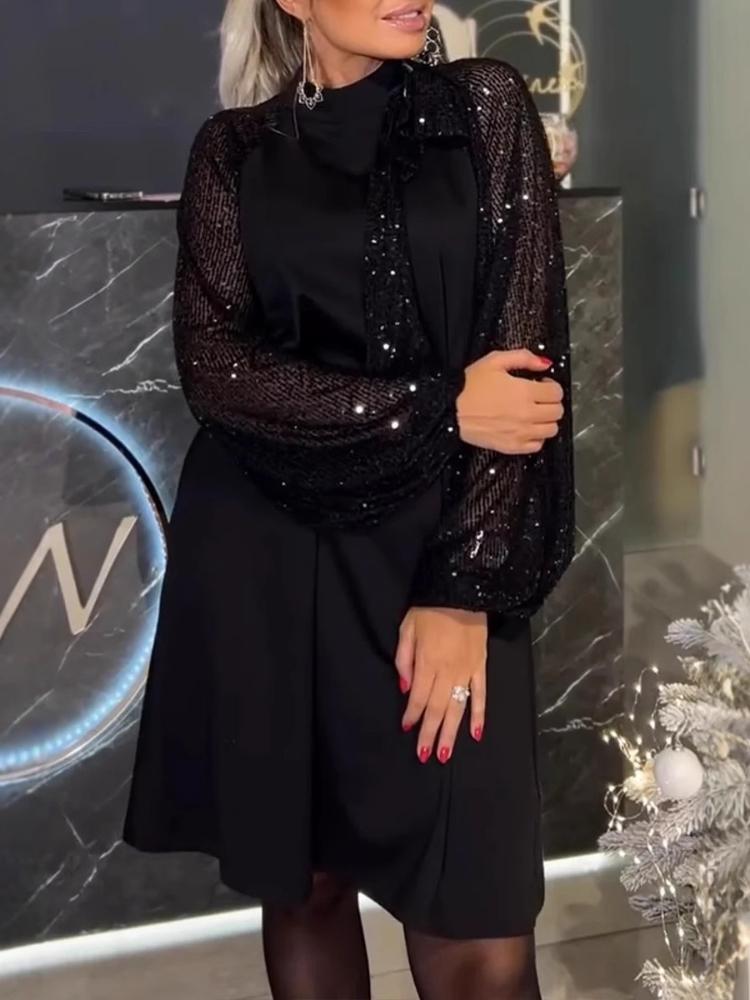 

Sweet autumn and winter long sleeved round neck patchwork sequin strap mini skirt 3XL синій