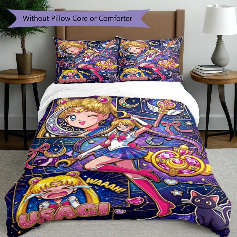 3'lü Nevresim Takımı (1*Nevresim Kılıfı + 2*Yastık Kılıfı, Çekirdeksiz), Sailor Moon Baskılı Nevresim Takımı, Yatak Odası Dekorasyonu, Dört Mevsim, Doğum Günü Hediyesi