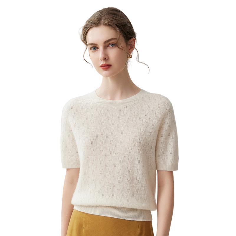 Lekasha 100% Pure Cashmere Round Neck Hollow Knit Short Sleeve T-Shirt