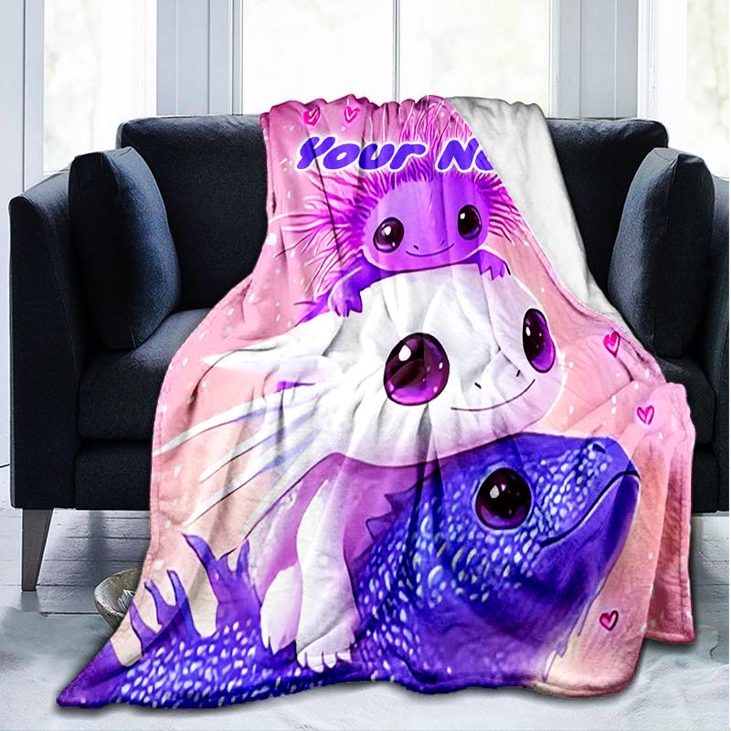 1PC Custom Name Purple Axolotl Trio Outdooor Flannel Blankets Throw Blanket All-Season Throw Gift Bedspread for Couch, Bed, Camping Holiday Birthda