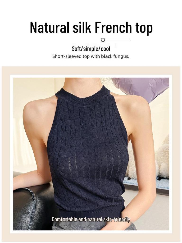 Damen Ärmelloses Neckholder Tanktop aus Weicher Maulbeerseide - Slim Fit Französischer Zopfstrick