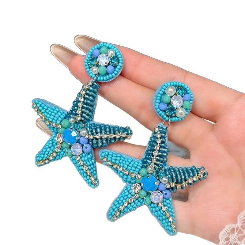 Bohemian Blue Starfish Earrings Women's New Light Luxury Fashion Unique Exaggerated Vacation Style Stud Earrings Accessories