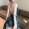 Pure Desire Style Sexy Cross Straps Big Halter Suspender Skirt Women's Summer European and American Spice Girls Printed Mesh Waist Skirt