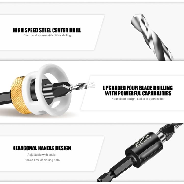 Professional Woodworking 4 Sizes Countersink Drill Bits 2.8/3.2/3.5/4mm with Low Friction Depth Stop for Smooth Boring