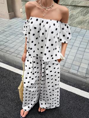 European & American Style Women's Polka Dot Off-the-Shoulder Set - Spring/Summer 2026 Fashion for Casual Commutes