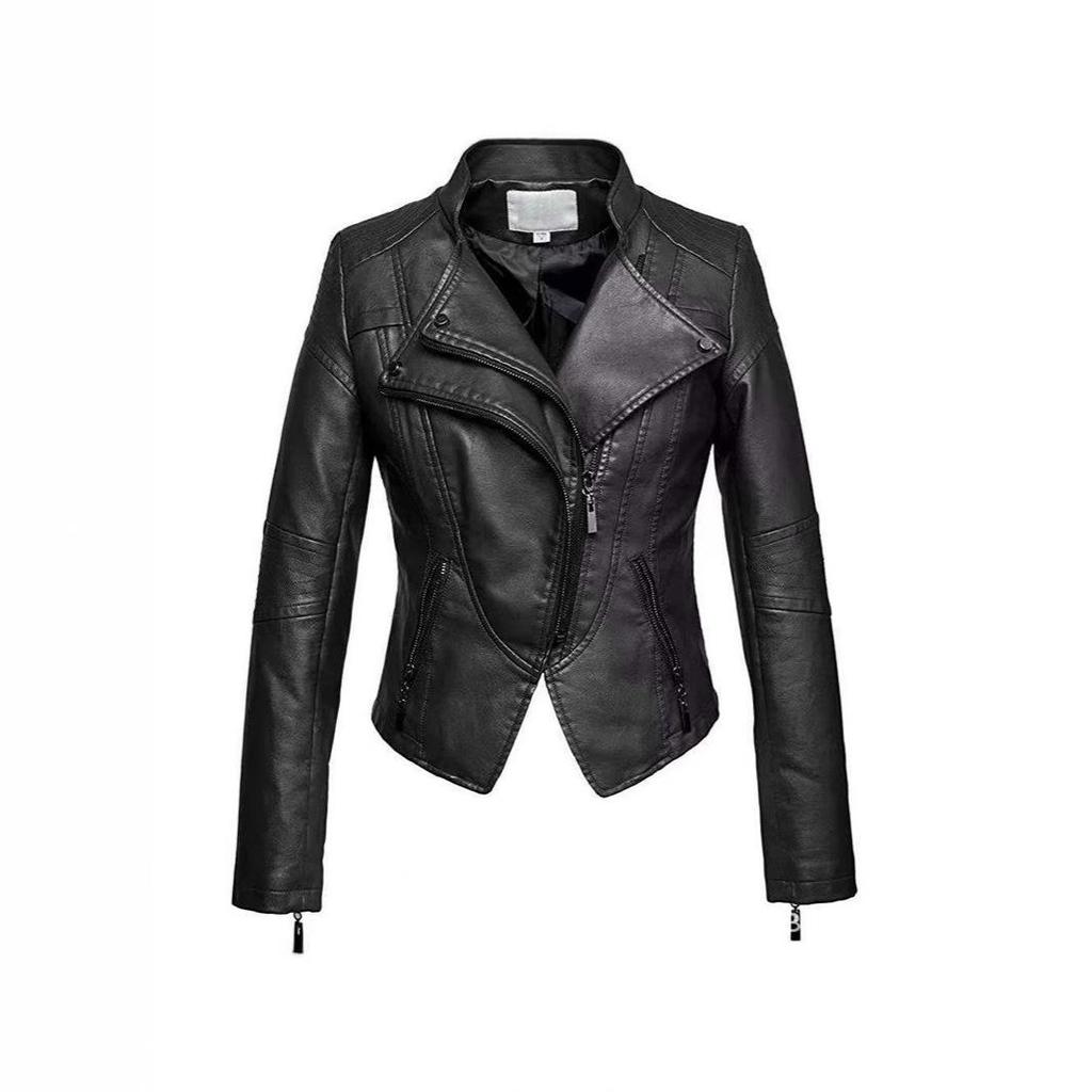 Giacca da motociclista da donna in pelle, moda europea americana, slim, stile retrò versatile con cerniera.