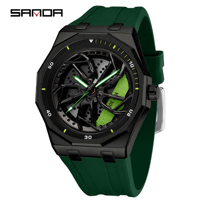 Sanda Brand Men's 360° Rotating Wheel Hubcap Design Quartz Watch Fashion Sports Silicone Waterproof For Daily Wear Hollow Watch