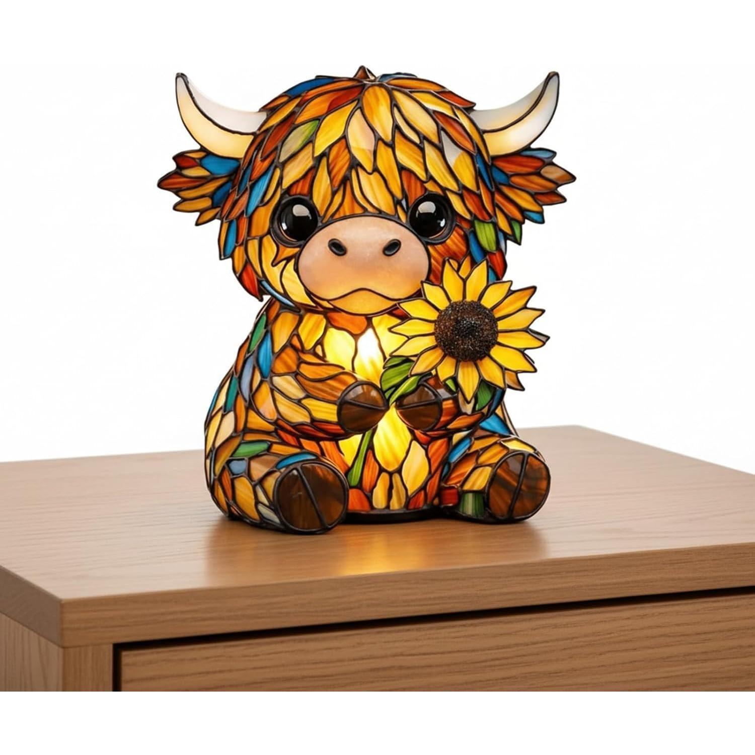 

LED Sunflower Highland Cow Lamp, Stained Glass 3D Cute Animal Lamp, Bedside Table Night Light, Vintage Rustic Farmhouse Decor for Home, Office разноцветный