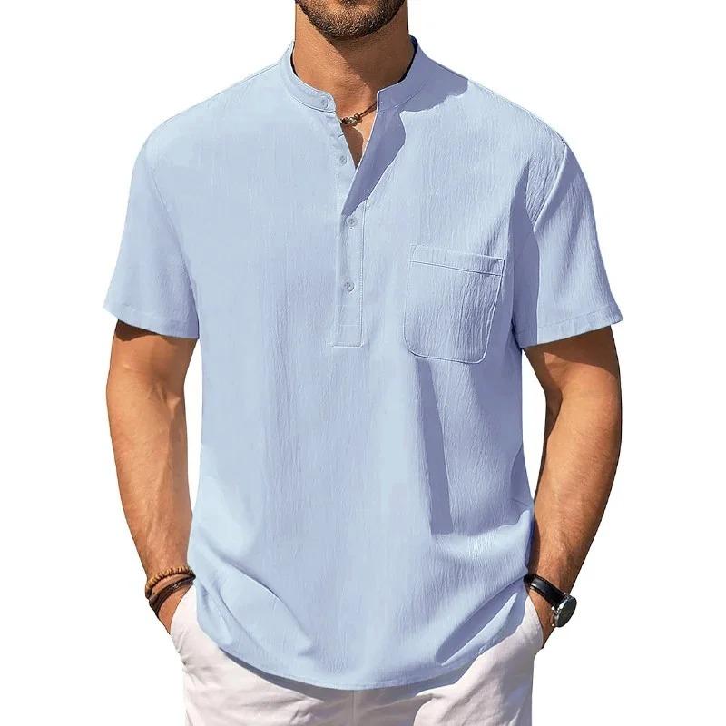 

Summer Men s Cotton Linen T-Shirt Lightweight Breathable Beach Style Tees Short Sleeve Casual Hawaii Vacation Tops XXL небесно-голубой