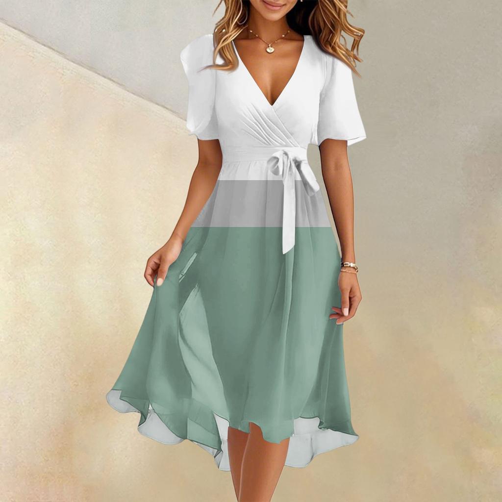 Women's Summer Fashion V-Neck Flared Dress Short Sleeve Striped Geometric Dresses