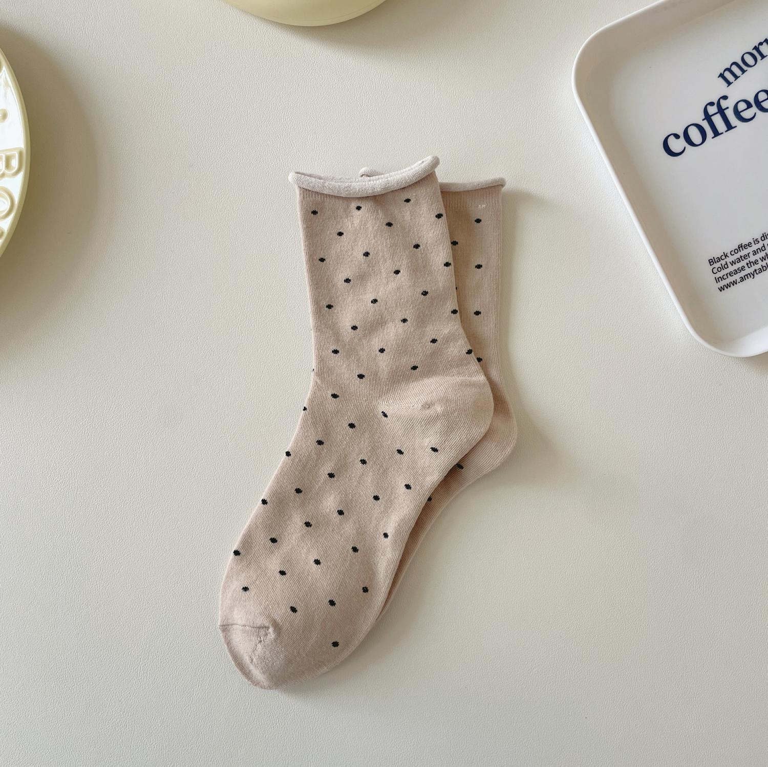 

1 Pair Women Rolled Edge Polka Dot Socks Mid Tube Socks Spring Summer Sweat Absorbing Breathable Sweet Long Socks Female One Size