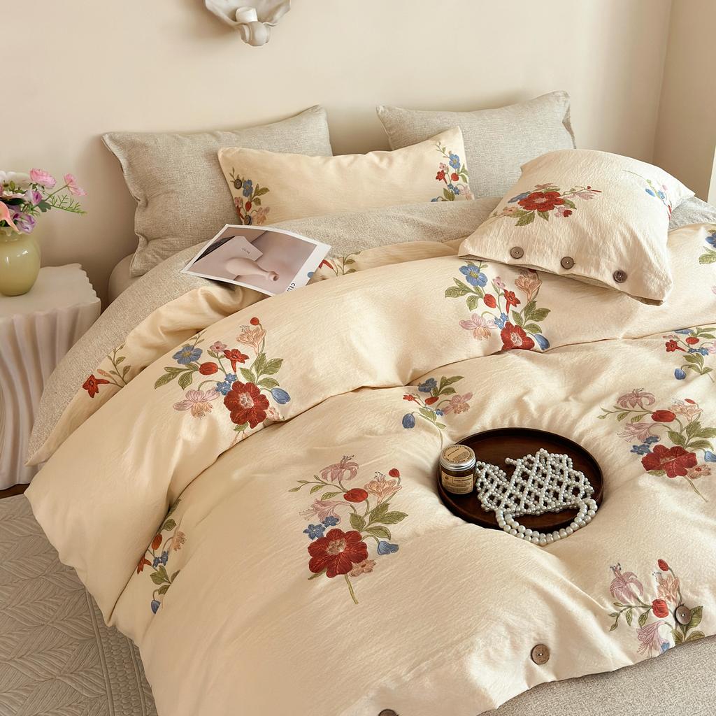 Sleep Grid 140g Thick Linen Retro Japanese Button Set Four Piece