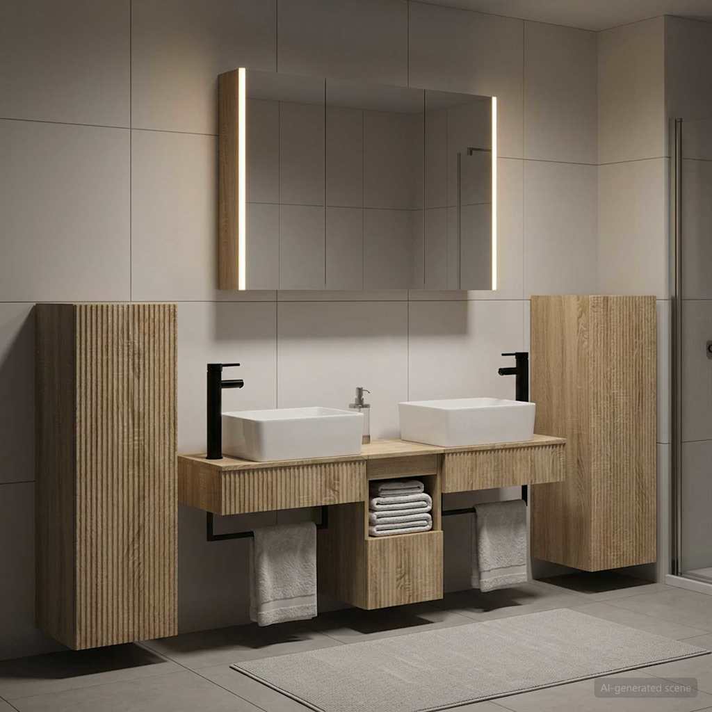 Bathroom Furniture Set 6 pcs Sonoma Oak Engineered Wood and Glass