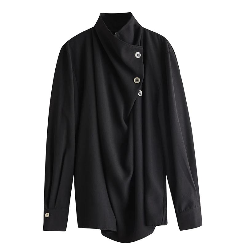 Xitao Half High Collar Pullover Women Blouse Solid Color Button Patchwork Long Sleeve Loose Top 2024 Autumn All Match ZY8895