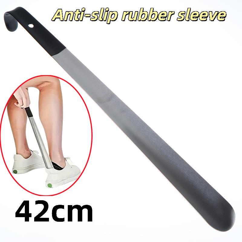 1Pcs 16.5"/42Cm Easy-Grip Metal Shoe Horn Black Long Handle Curved Hook Ergonomic Stainless Steel Shoehorn For Seniors