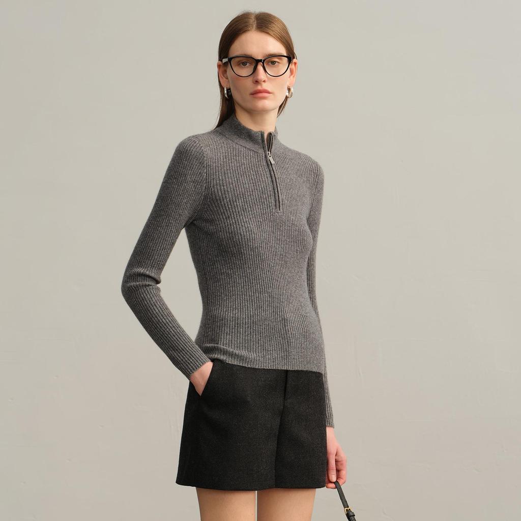 Women's Half-Zip Slim-Fit Cashmere Sweater - Half-High Collar, Warm Knitwear for Autumn & Winter