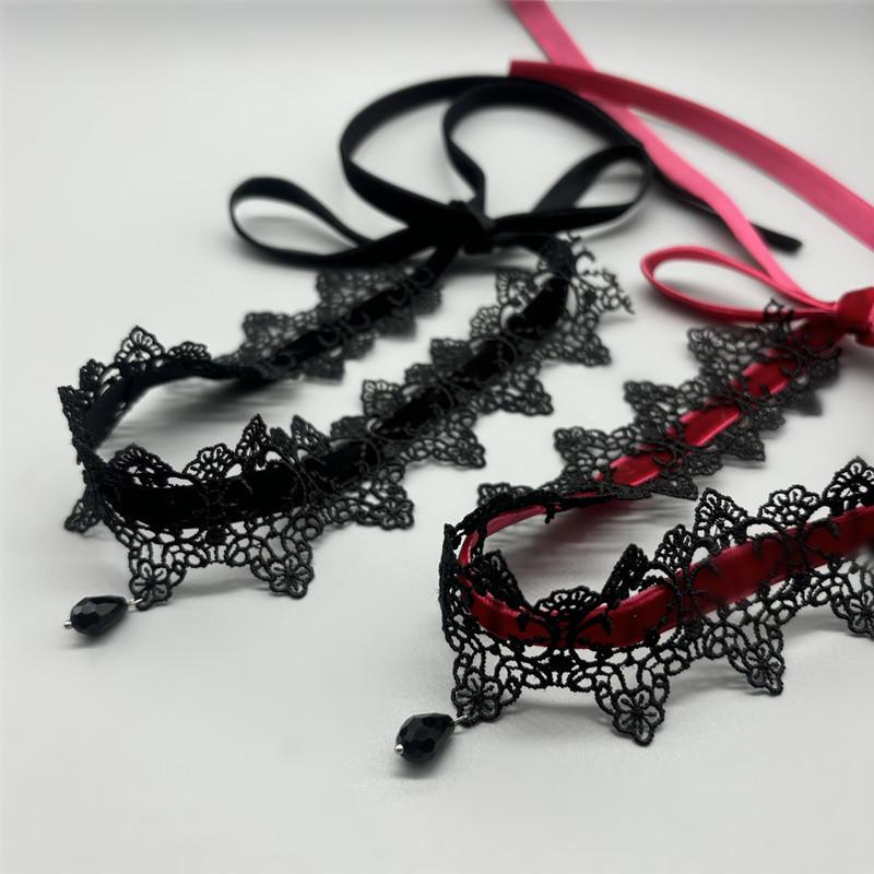 2025 New Sexy Lace Flower Necklace for Women Gothic Punk Velvet Collar Choker Black Waterdrop Pendent Necklace Strap Bow Jewelry