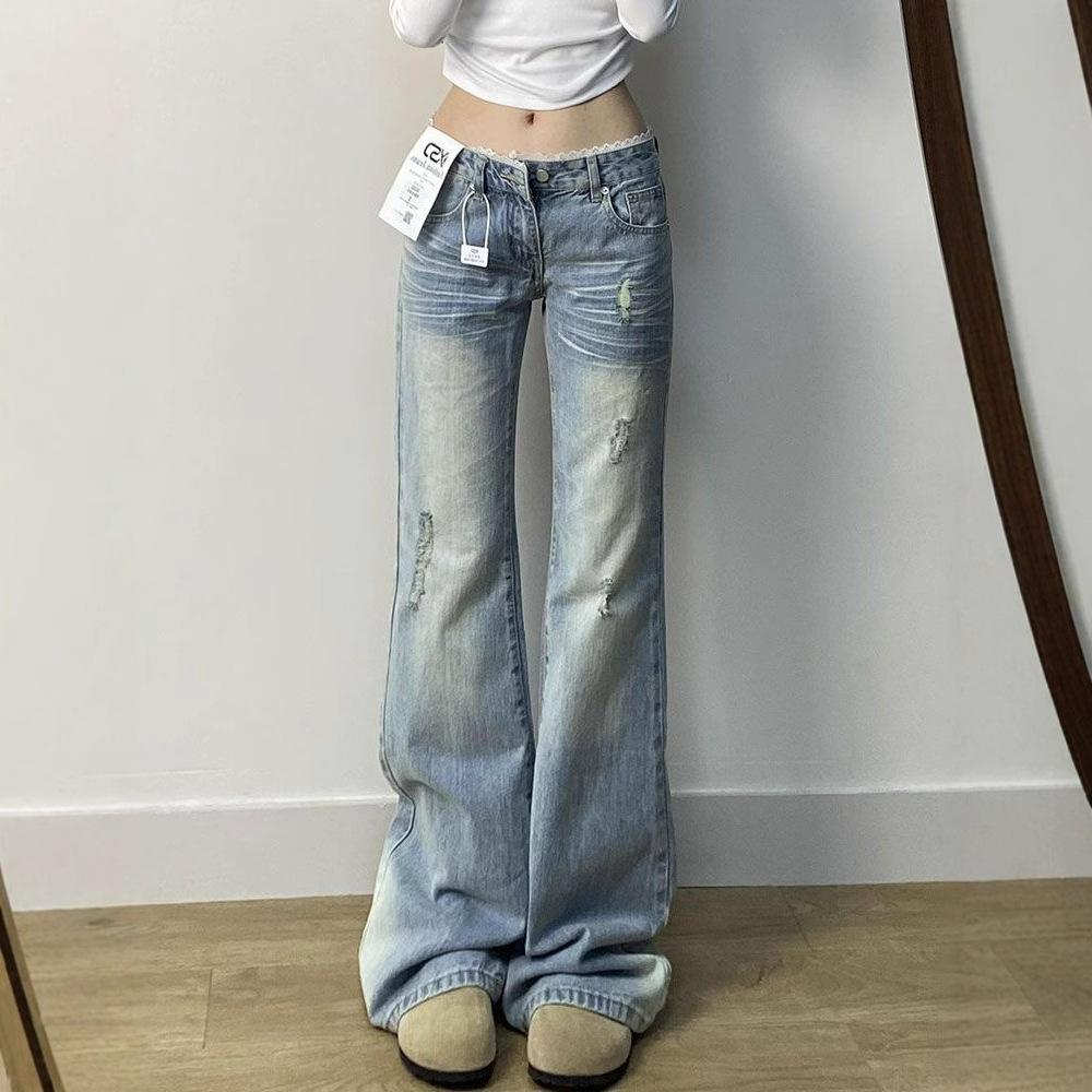 Sweet and Spicy Wind Broken Holes Micro-flare Jeans Women's Slim Large Yards High-waisted Skinny Horseshoe Trousers Jeans for Women Long Denim Pants