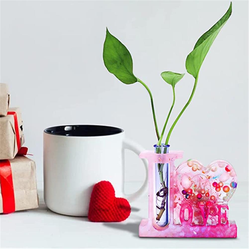 Diy Silicone  Mold Love-shaped Photo Frame Flower Arrangement Device Desktop Decoration Epoxy Resin Die (including 3 Transparent Test Tubes)