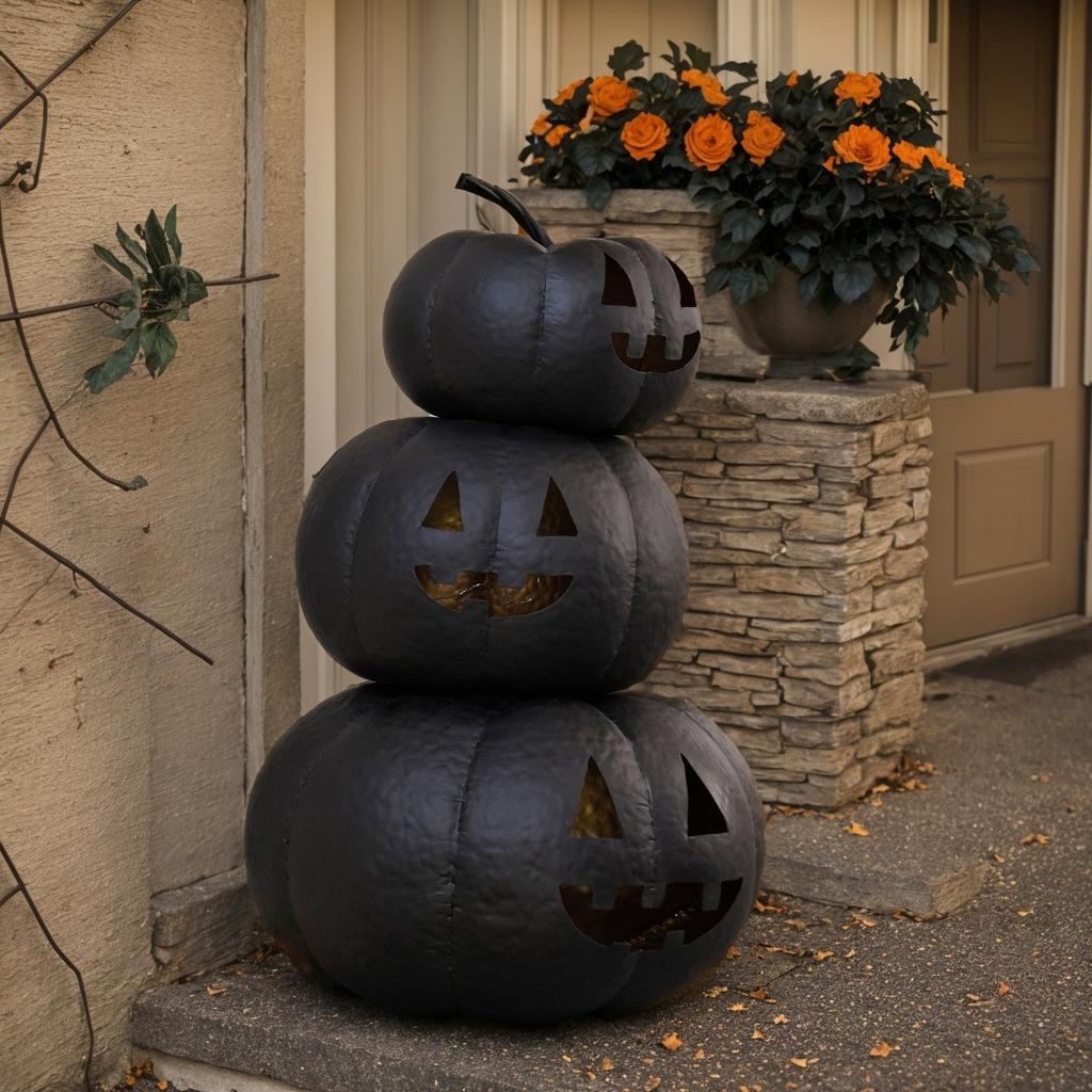 Black Stacked Plastic Pumpkins Towel Artificial Fake Halloween Decoration Paint Pumpkins For Porch Table Kitchen