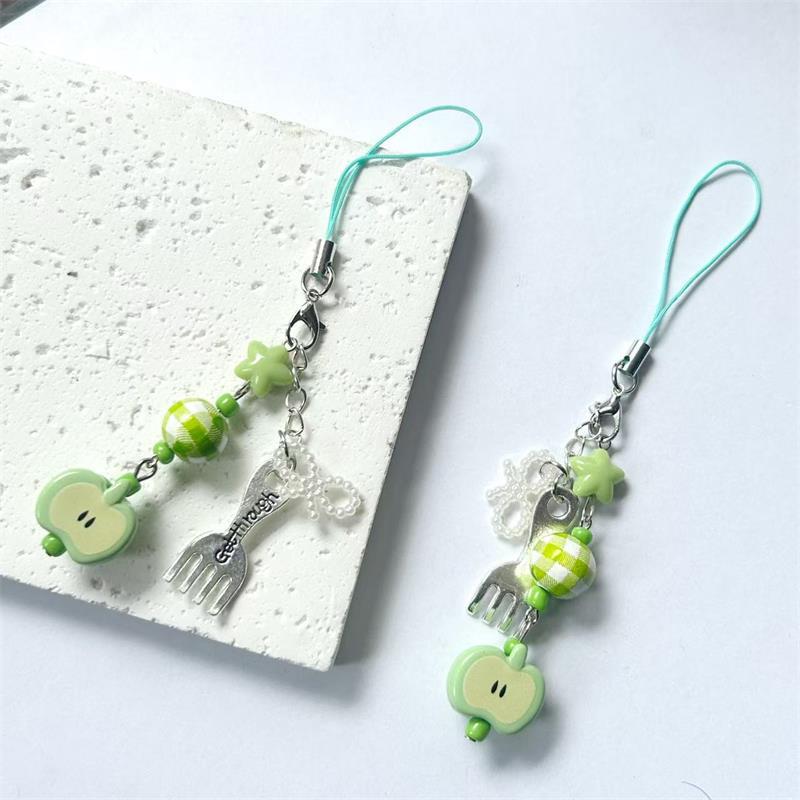 Søt Søt Grønt Eple Stjerne Sløyfe Perler Nøkkelring Anheng Mobiltelefonstropp Lanyard Ryggsekk Sjarm Veske Hengende Ornament Jentete Gave