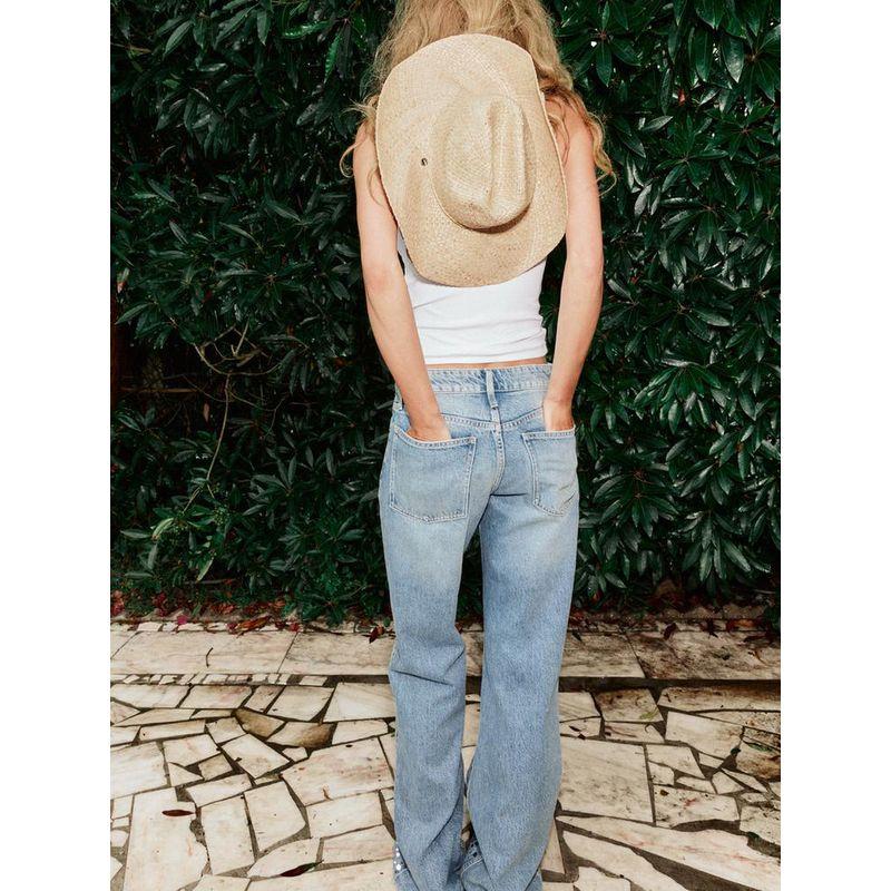 Spring New Casual Trousers Plaid Cotton Mirror Inlaid Mid Waist Wide Leg Denim Female 6688216