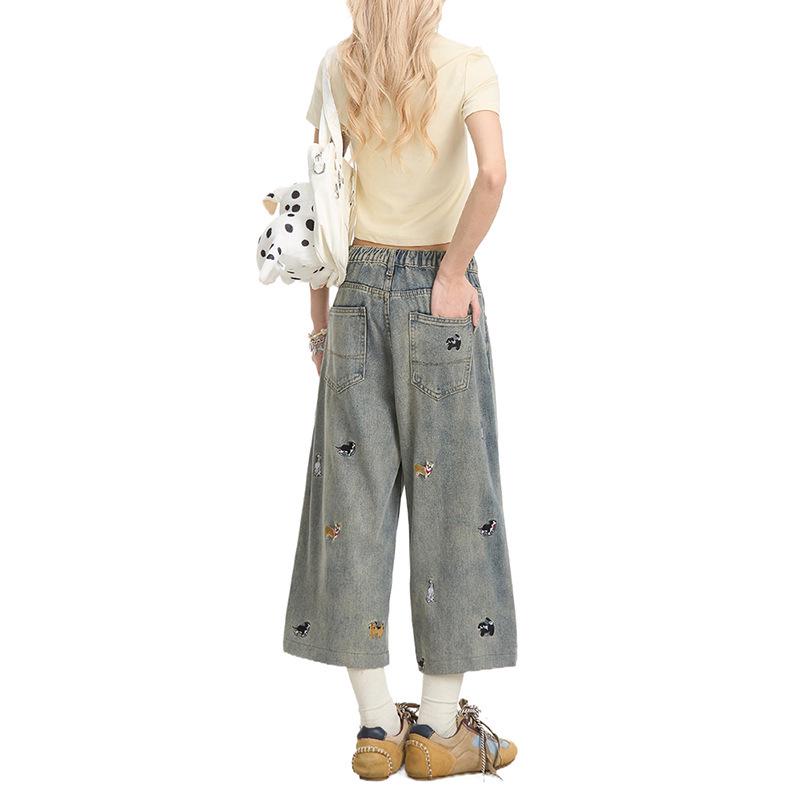 Women's Slimming Plus Size Embroidered Denim Capri Pants - Summer 2025 Wide-Leg Design for Pear-Shaped Body