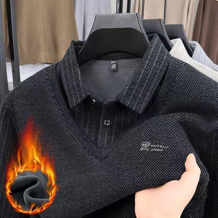 Men's Long Sleeve Polo Shirts Tees & Tops with Fleece Warm Winter Bottom Wear Casual Business T-shirts Hot Sale Autumn Clothing