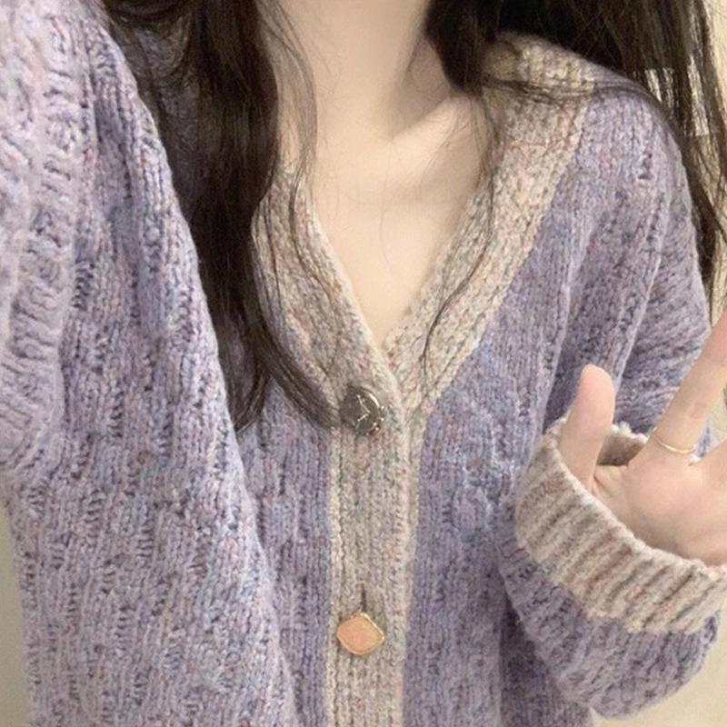 

Свитер-пальто с V-образным вырезом цвета таро для женщин, осенне-зимний, в корейском стиле, ленивый, свободный вязаный кардиган XL