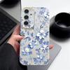 S26 Ultra Case Luxury Blue and White Flowers Pattern Leather Texture Soft Silicone Cover For Samsung Galaxy S25 Edge S24 Ultra S23 S22 Plus S21 FE